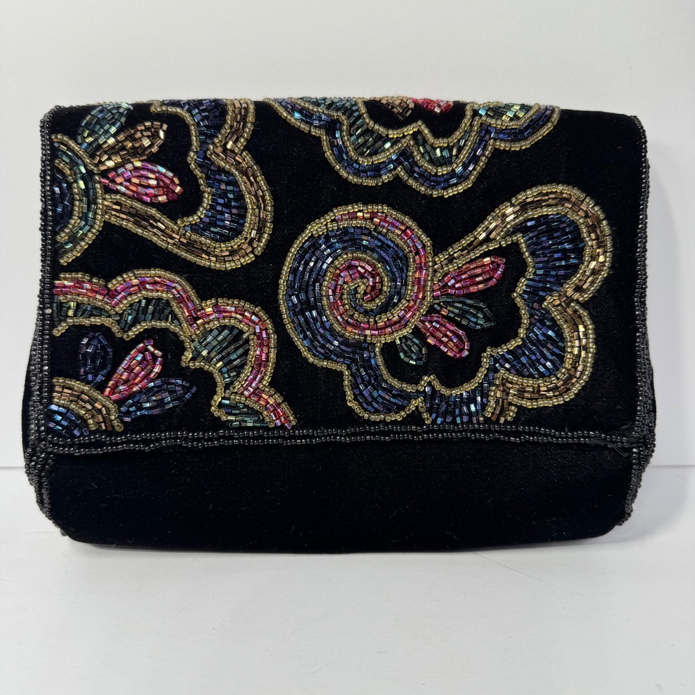 La Regale Black Velvet Beaded Evening Clutch‎ Bag Convertible Crossbody Vintage